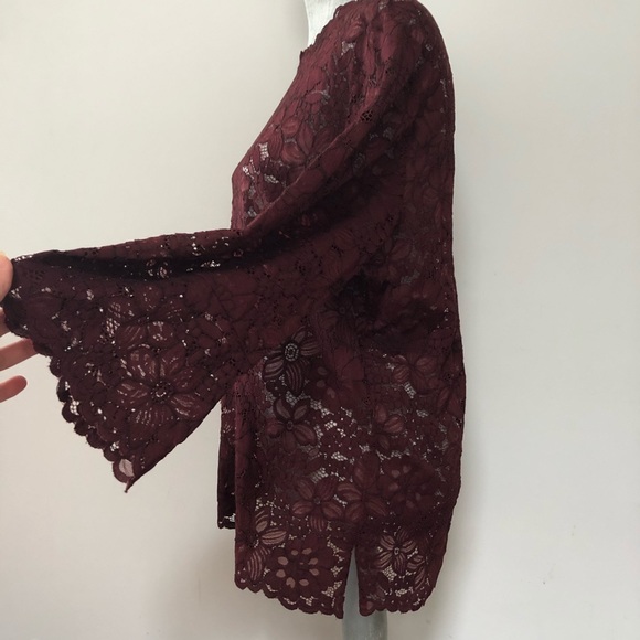 Zara lace tunic top burgundy maroon with flared bell sleeves, semi sheer - Picture 2 of 5